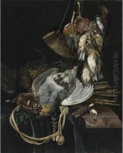 A Partridge, A Pheasant, A Hunting Bag And Traps On A Partiallydraped Ledge, Songbirds, A Hunting Horn And Hawking Hoods Hangingabove by Willem Van Aelst