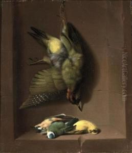 A Woodpecker, Bluetit And Other Songbirds In A Niche by Willem Van Aelst