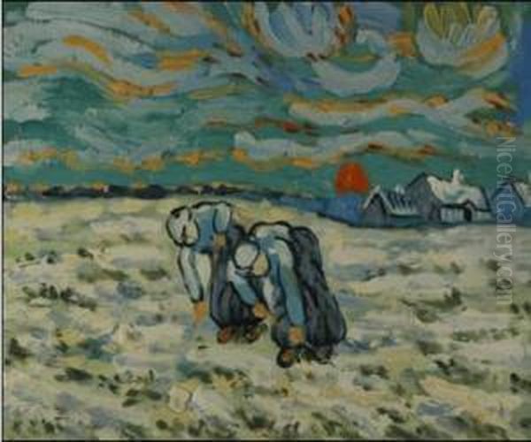 Two Peasant Women Digging In A Field With Snow - view 1