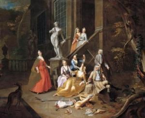 Portrait Group Of An Elegant Hunting Party by Arnold Van Aken