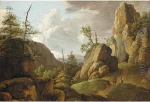 An Extensive Mountainous Landscape With Horsemen On A Road