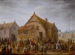 Horsemen And Peasants On A Crowded Villagestreet by Joseph van Aken