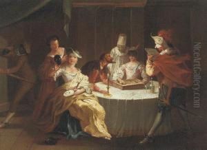 Interior With Commedia Dell'arte Zanies Playing A Board Game At A Candlelit Table by Joseph van Aken