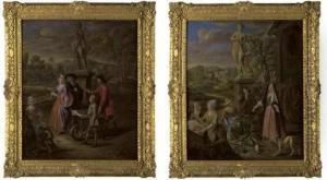 A Vegetable Seller And His Son Offering Wares To A Lady And Acleric By A Statue Of Bacchus by Joseph van Aken