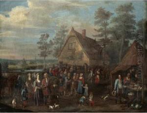 A Village Scene With A Noble Family Visiting A Peasant Feast by Joseph van Aken