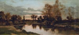 Fluslandschaft Mit Angler Im Abendrot by Leo Van Aken