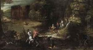 A Wooded River Landscape With A Hunting Party by Denys Van Alsloot