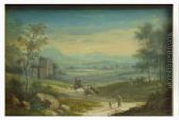 Travelers On The Road With Mountains In Distance - view 1