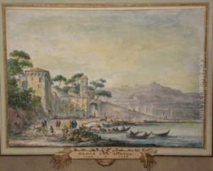 Naples Harbour With Figures In Boats , Horse Drawn Taxi, Buildings And Castello Nuovo To Distance. by Cornelis Ploos Van Amstel
