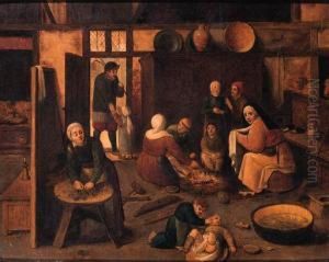 A Peasant Family In A Barn by Jan van Amstel