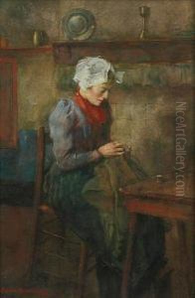 Seated Woman Sewing Within A Cottageinterior - view 1