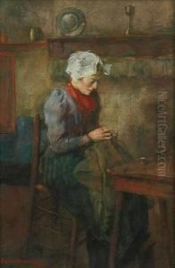 Seated Woman Sewing Within A Cottageinterior