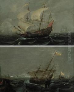 A Dutch Man-o'-war And Other Shipping In Choppy Waters by Hendrik van Anthonissen