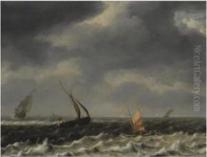A Seascape With Dutch Shipping Vessels In Choppy Seas And A Rainbowin The Distance