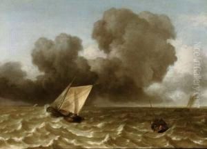 A 'smalschip', A Rowing Boat And Other Vessels In A Rough Sea by Hendrik van Anthonissen