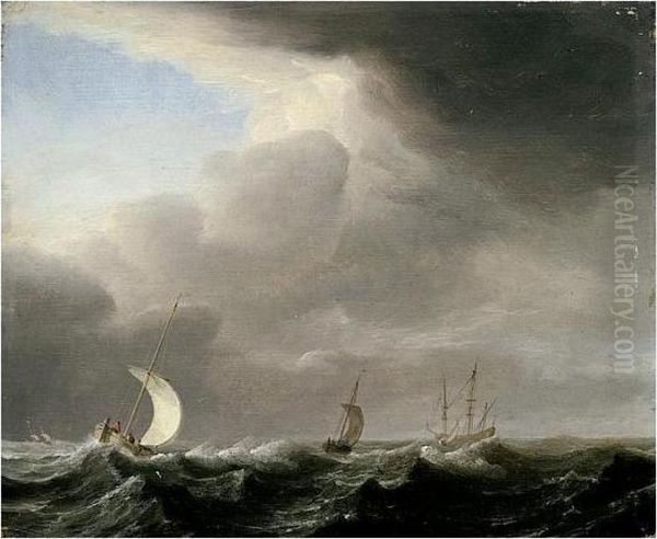 Fishing Pinks Running In Line Before A Stiff Breeze Towards A Distant Man O' War At Anchor - view 1