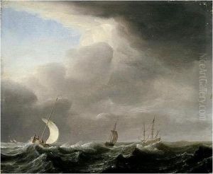 Fishing Pinks Running In Line Before A Stiff Breeze Towards A Distant Man O' War At Anchor by Hendrik van Anthonissen