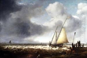 Ablustery Coastal Scene With A Fishing Boat By The Shore by Hendrik van Anthonissen