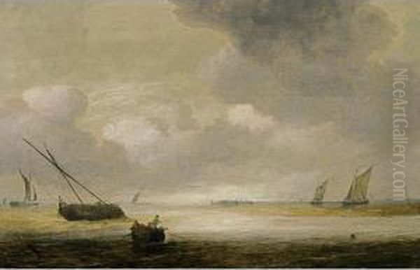 Shipping In A Calm With A Fishing Boat In The Foreground, And A Fortified Harbour In The Background - view 1