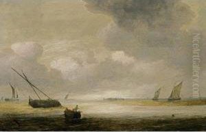 Shipping In A Calm With A Fishing Boat In The Foreground, And A Fortified Harbour In The Background