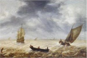 Fishermen In A Rowboat And Other Sailing Vessels In A Choppy Sea, A City In The Distance