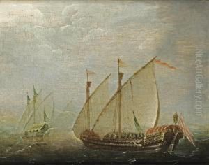 Two Galleys In Choppy Waters by Aert Anthonisz