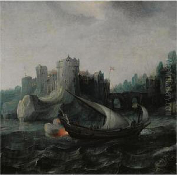A Ship Engaged In Battle, In Rough Waters, Near A Stronghold - view 1