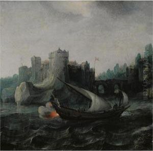 A Ship Engaged In Battle, In Rough Waters, Near A Stronghold by Aert Anthonisz