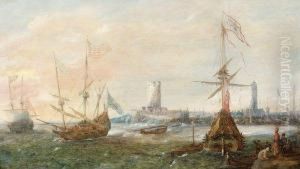 Bateaux A Lentreedu Port Au Lever Du Soleil by Andries Van Eertvelt