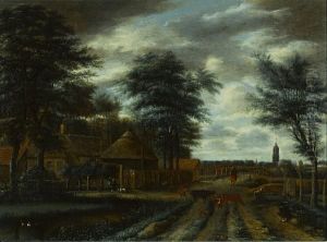 A Country Lane With A Farm And Figures And Cattle In The Foreground