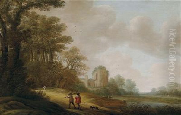 A Traveller On A Wooded Pathway Before The Ruins Of A Church - view 1