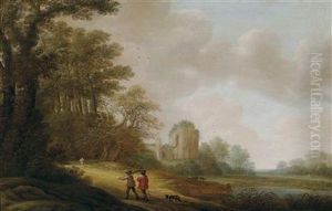 A Traveller On A Wooded Pathway Before The Ruins Of A Church by Pieter Jansz. van Asch