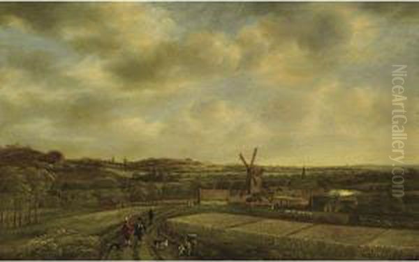 An Extensive Dune Landscape With A Windmill Near A Smallvillage, Figures Conversing On A Path Near Cornfields by Pieter Jansz. van Asch