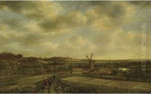 An Extensive Dune Landscape With A Windmill Near A Smallvillage, Figures Conversing On A Path Near Cornfields