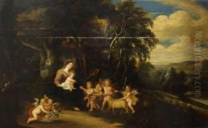 Maria Mit Dem Kind, Dem Johannesknaben, Funf Engeln Und Einem Lamm by Pieter Van Avont