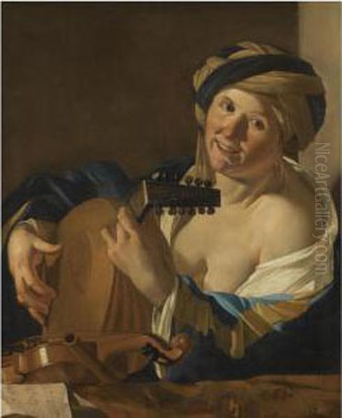 A Woman Playing The Lute - view 1