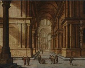 A Church Interior With Christ And The Woman Taken In Adultery