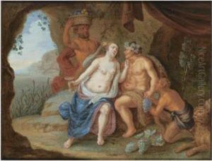 Bacchus With A Nymph Holding A Glass Of Wine, Together With Twosatyrs And A Leopard, In A Grotto, Surrounded By Grapes by Jan Van Balen