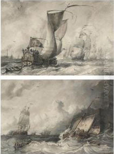 A Ceremonial 17th Century Yacht Awaiting The Return Of The Fleet;and A Pilot Accompanying A Dutch Fregat Near The Harbour Ofdover - view 1