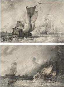 A Ceremonial 17th Century Yacht Awaiting The Return Of The Fleet;and A Pilot Accompanying A Dutch Fregat Near The Harbour Ofdover by Albert Van Beest