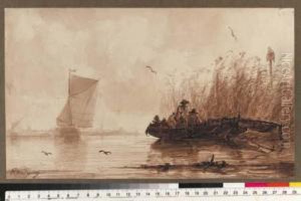 Two Fishermen In A Rowing Boat Moored In The Reeds, A Sailingvessel And Town In The Distance - view 1