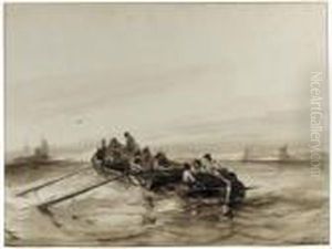 A Rowing Boat With Fishermen At Sea by Albert Van Beest