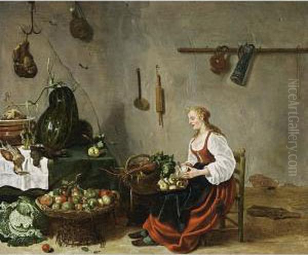 A Kitchen Interior With A Maid Cleaning Turnips - view 1