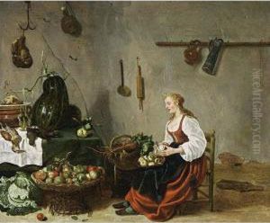 A Kitchen Interior With A Maid Cleaning Turnips by Sybrand Van Beest