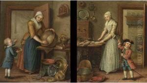 A Woman Cleaning Pots In An Interior With A Boy Eating Cherries; A Woman Preparing Fish In A Kitchen And A Child Playing (a Pair) by Abraham Hendrick van Beesten