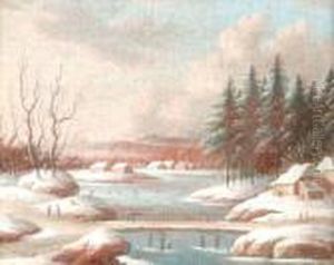 A Winter Landscape With Skaters On A Frozen River by Jacob Gerritz Van Bemmel
