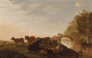 Cattle Resting Near A Bridge Across A Canal by Jacob Gerritz Van Bemmel