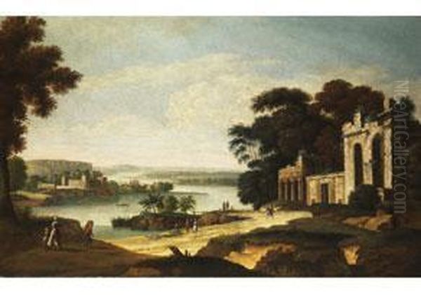 Fantasielandschaft Mit Palastruine Vor Baumkulisse An Einerflussbiegung - view 1