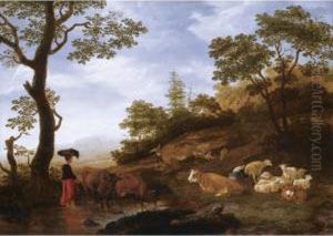 A Landscape With Sheep, Cattle And Herdsmen, With A Town Beyond by Jacob Gerritz Van Bemmel