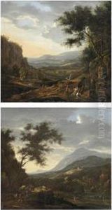A Mountainous Landscape With Horseman On A Track At Sunset by Willem Van Bemmel